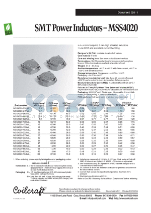 MSS4020-123ML datasheet - SMT Power Inductors