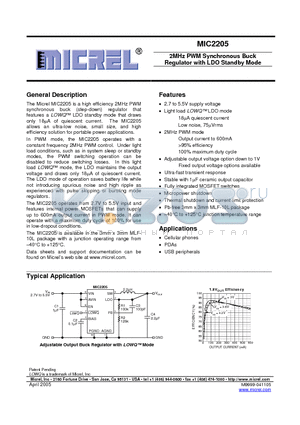 MIC2205-1.38YML datasheet - 2MHz PWM Synchronous Buck Regulator with LDO Standby Mode