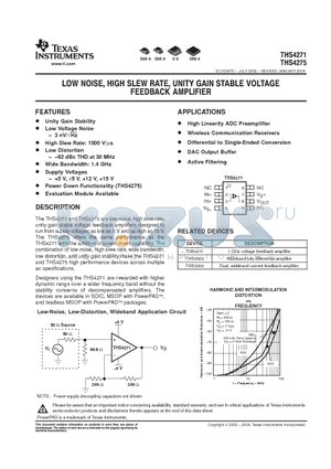 THS4271D datasheet - LOW NOISE, HIGH SLEW RATE, UNITY GAIN STABLE VOLTAGE FREEBACK AMPLIFIER