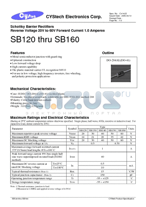 SB130 datasheet - Schottky Barrier Rectifiers Reverse Voltage 20V to 60V Forward Current 1.0 Amperes