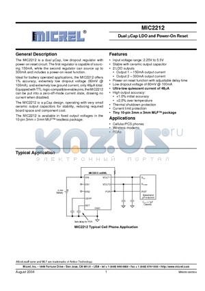 MIC2212-1.8BML datasheet - Dual uCap LDO and Power-On Reset