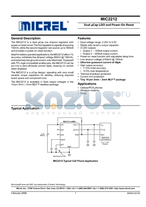 MIC2212-DNBML datasheet - Dual lCap LDO and Power-On Reset