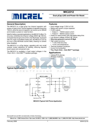 MIC2212-GKBML datasheet - Dual lCap LDO and Power-On Reset