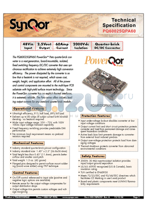 PQ60025QPA60NNS datasheet - Quarter-brick DC/DC Converter