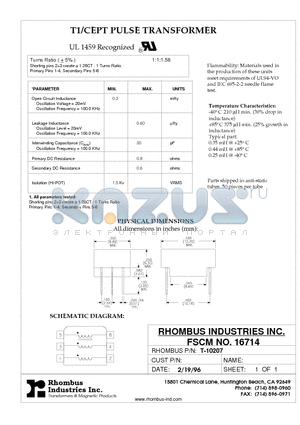 T-10207 datasheet - T1/CEPT PULSE TRANSFORMER