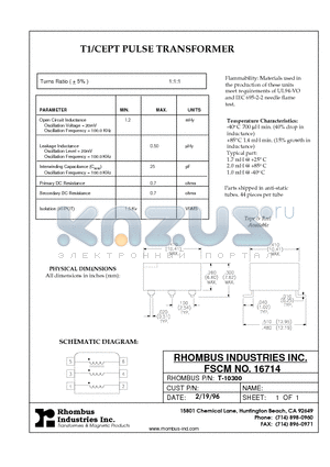 T-10300 datasheet - T1/CEPT PULSE TRANSFORMER