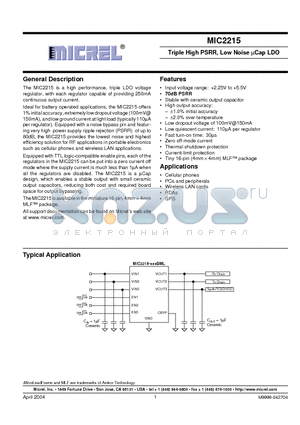 MIC2215 datasheet - Tirple High PSRR, Low Noise uCap LDO