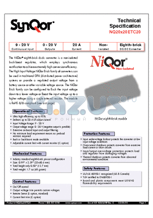 NQ20W20ETC20NKC-G datasheet - Eighth-brick DC-DC Converter