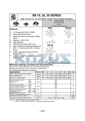 SB15 datasheet - High Current 15, 25, 35 AMPS. Single Phase Bridge Rectifiers