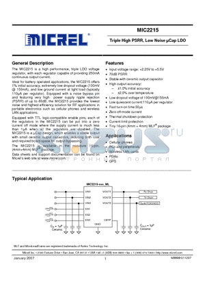 MIC2215-MMMYML datasheet - Triple High PSRR, Low Noise lCap LDO