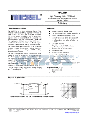 MIC2224YML datasheet - High Efficiency 2MHz PWM Buck Converter with DAC Input and 40mOHM Bypass Switch