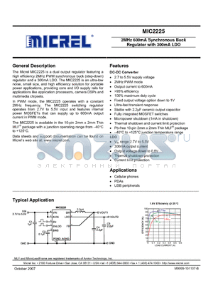 MIC2225-4MYMT datasheet - 2MHz 600mA Synchronous Buck Regulator with 300mA LDO