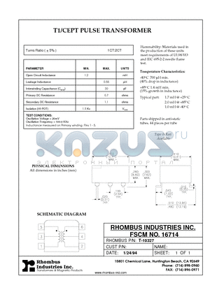 T-10327 datasheet - T1/CEPT PULSE TRANSFORMER
