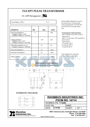 T-10329 datasheet - Single Dual T1/CEPT Transformers