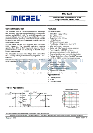 MIC2225-GJYMT datasheet - 2MHz 600mA Synchronous Buck Regulator with 300mA LDO