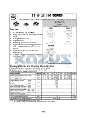 SB1505G datasheet - High Current 15, 25, 35 AMPS. Single Phase Glass Passivated Bridge Rectifiers