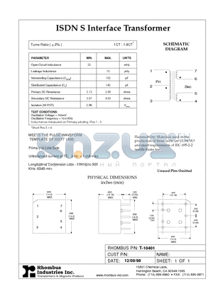 T-10401 datasheet - ISDN S Interface Transformer