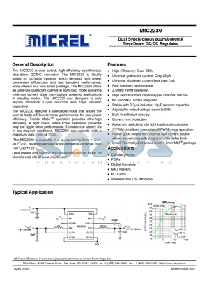 MIC2230-G4YML datasheet - Dual Synchronous 800mA/800mA Step-Down DC/DC Regulator