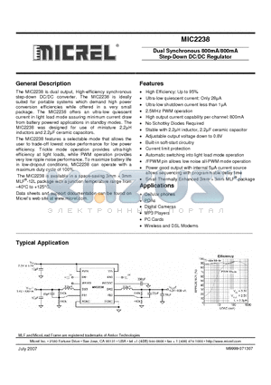 MIC2238 datasheet - Dual Synchronous 800mA/800mA Step-Down DC/DC Regulator