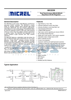 MIC2230-J4YML datasheet - Dual Synchronous 800mA/800mA Step-Down DC/DC Regulator