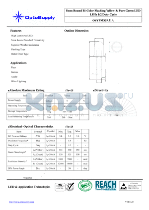OSYPMS5A31A datasheet - 5mm Round Bi-Color Flashing Yellow & Pure Green LED 1.8Hz 1/2 Duty Cycle