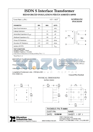 T-10451 datasheet - ISDN S Interface Transformer