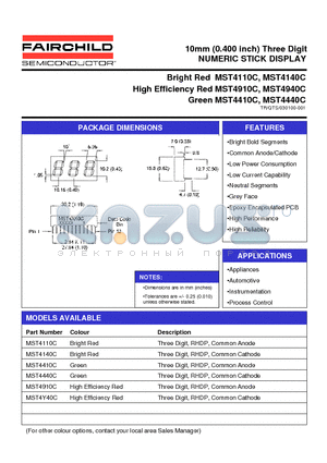 MST4940C datasheet - 10mm (0.400 inch) Three Digit NUMERIC STICK DISPLAY