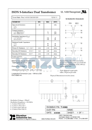 T-10500 datasheet - ISDN S-Interface Dual Transformer