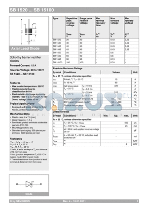 SB15100 datasheet - Schottky barrier rectifier diodes