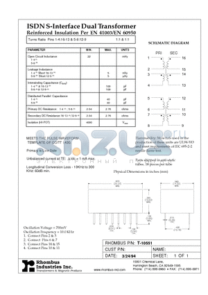 T-10551 datasheet - ISDN S-Interface Dual Transformer