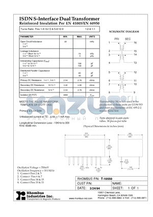 T-10555 datasheet - ISDN S-Interface Transformers