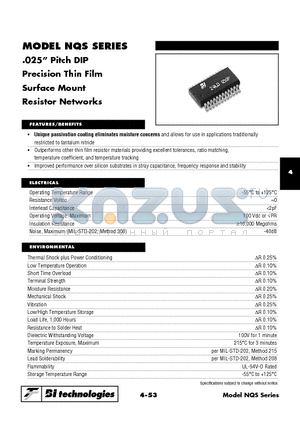 NQS datasheet - .025 Pitch DIP Precision Thin Film Surface Mount Resistor Networks