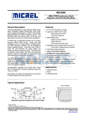 MIC2285 datasheet - 8MHz PWM Synchronous Buck Regulator with LDO Standby Mode