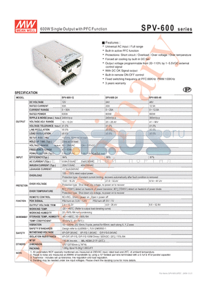 SPV-600 datasheet - 600W Single Output with PFC Function