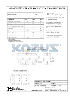 T-10803 datasheet - 10BASE-T/ETHERNET ISOLATION TRANSFORMER