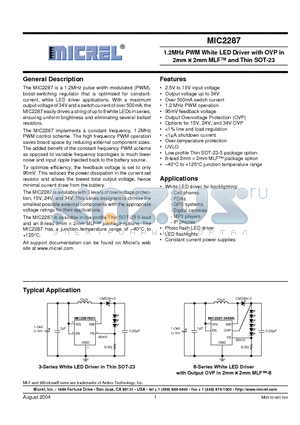 MIC2287BD5 datasheet - 1.2MHz PWM White LED Driver with OVP in 2mm  2mm MLF and Thin SOT-23