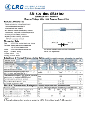 SB1580 datasheet - Schottky Barrier Rectifiers Reverse Voltage 35 to 100V Forward Current 15A