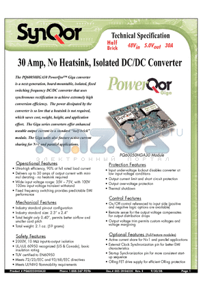 PQ60050HGA30PKS datasheet - 30 Amp, No Heatsink, Isolated DC/DC Converter