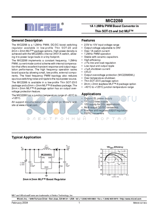 MIC2288BML datasheet - 1A 1.2 MHZ PWM BOOST CONVERTER IN THIN SOT 23 AND 2 X MLF