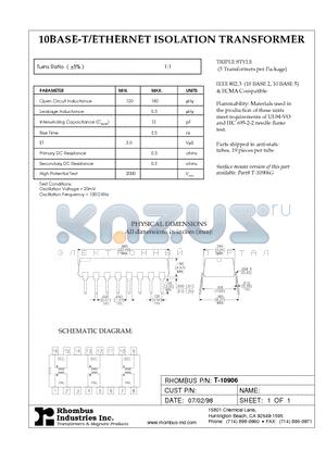 T-10906 datasheet - 10BASE-T/ETHERNET ISOLATION TRANSFORMER