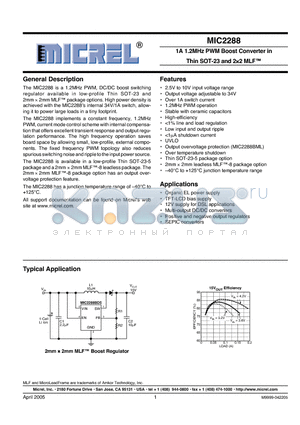 MIC2288BML datasheet - 1A 1.2MHz PWM Boost Converter in Thin SOT-23 and 22 MLF