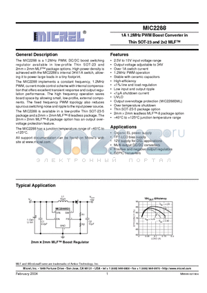 MIC2288YML datasheet - 1A 1.2 MHZ PWM BOOST CONVERTER IN THIN SOT 23 AND 2 X MLF