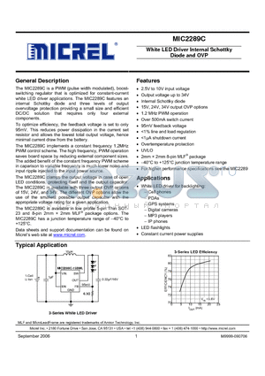 MIC2289C-15YML datasheet - White LED Driver Internal Schottky Diode and OVP