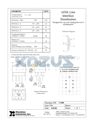 T-1099 datasheet - ADSL Line Interface Transformer