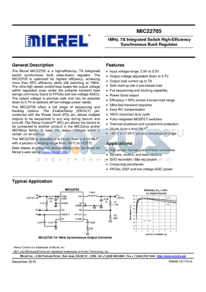 MIC22705 datasheet - 1MHz, 7A Integrated Switch High-Efficiency Synchronous Buck Regulator