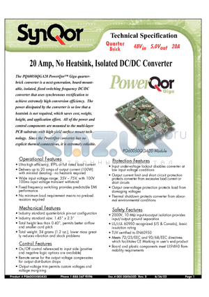 PQ60050QGA20 datasheet - 20 Amp, No Heatsink, Isolated DC/DC Converter