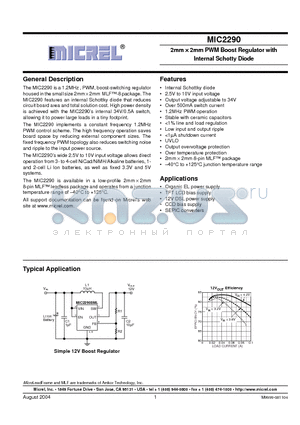 MIC2290BML datasheet - 2mm  2mm PWM Boost Regulator with Internal Schotty Diode