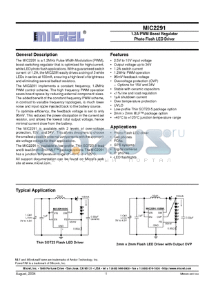 MIC2291-15YML datasheet - 1.2A PWM Boost Regulator Photo Flash LED Driver