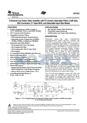 THS7303 datasheet - 3-Channel Low Power Video Amplifier with I2C Control, Selectable Filters, 6-dB Gain, SAG Correction, 2:1 Input MUX, and Selectable Input Bias Modes