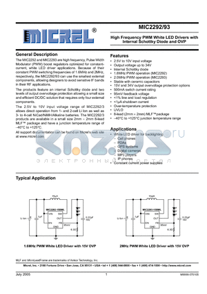 MIC2292 datasheet - High Frequency PWM White LED Drivers with Internal Schottky Diode and OVP